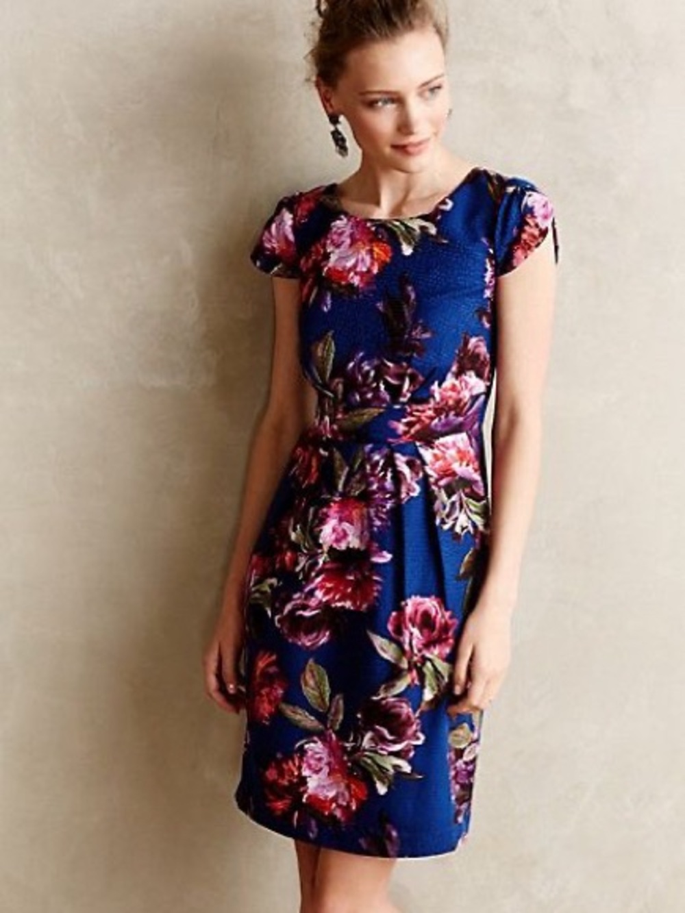Anthropologie Blue Mini Dress with Pink Floral Print